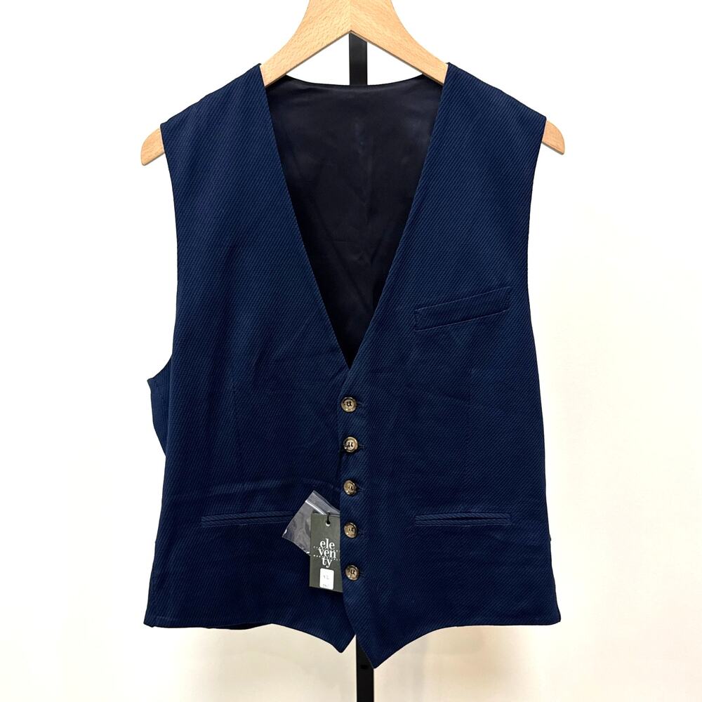 Eleventy Italy Navy Cotton Herringbone Button Suit Vest 52 NEW Sleeveless Jacket